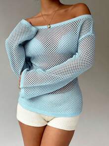 INAWLY Women's Off-Shoulder Solid Color Hollow-Out Knit Sweater, Suitable For Beach & Vacation - Blue - View 3