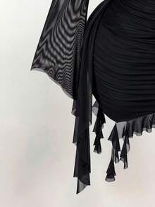 Amplova 女士长袖绿色修身无袖网纱迷你连衣裙，荷叶边设计和挂脖领口，适合秋冬季、新年、圣诞节、万圣节、情人节等场合的派对礼服 - 黑色 - 查看 9