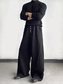 Manfinity Dauomo Quần nam dáng rộng, màu trơn, có cúc trang trí, kiểu dáng thường ngày. - màu đen - Xem 4