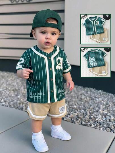 SHEIN 2 st/set unisex baby pojke/flicka grön basebolljacka kortärmad tröja stickad topp och shorts set, sportkläder, vår/sommar babykläder pojke