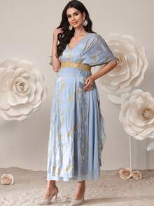 SHEIN Elegant Party Embroidered Maternity Dress With Cape - Blue - View 3