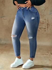 Truni Plus Size Women Casual Distressed Slim Fit Jeans, For Pear & Triangle Body Shape - Blue - View 4