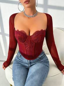 Chiquease Corpiño de encaje de manga larga para mujer - Burdeos - Ver 4