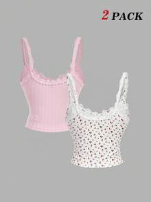 SHEIN MOD 两件套可爱粉色褶皱吊带背心，蕾丝拼接蝴蝶结，外出上衣，乡村风，海滩度假装，下午茶派对，可爱上衣，情人节，粉色上衣，春夏，休闲上衣，海滩，春夏派对上衣，蕾丝上衣，情人节，时尚，生日装 - 彩色 - 查看 3