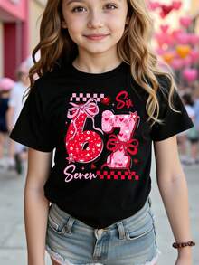 1件少女休闲时尚创意个性化清新简约爱心花朵数字67星星蝴蝶结格子图案字母标语印花T恤，舒适春夏款，适合情人节穿着 - 黑色 - 查看 4