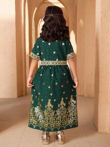 Sparklyn 两件套女童无袖连衣裙+开襟长款开衫，金属面料公主风优雅款，适合派对和特殊场合。 - 墨綠色 - 查看 2