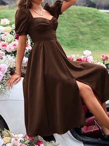 Aveloria Rosie Ruched Fake Button Puff Sleeve Sweetheart Neck Split Thigh Satin Dress Vacation Outfits Woman  - Brown - View 5