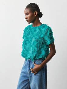 Maija Women's Casual Fashionable Street Style Vacation Minimalist Solid Color Frayed Hem Short Sleeve T-Shirt, Summer Fringe Tops Tassel Top Faux Feather Top St Patrick's Day Women Easter Summer Party Top Beach Holiday Vacation Going Out Graduation Casual Top Casual Blouses For Women - Green - View 4