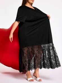 SHEIN CURVE+ 加大码/情人节/大码女式长裙，二合一连衣裙，蕾丝拼接连衣裙，透明女式连衣裙，黑色连衣裙，春夏女式连衣裙，生日女式连衣裙，节日黑色连衣裙，优雅 - 黑色 - 查看 3