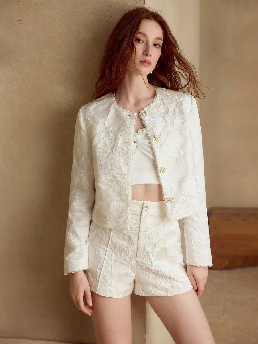 MOTF PREMIUM JACQUARD SEAM FRONT SLANT POCKET SHORTS - White - View 1