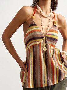 Bohemela Boho Summer Vacation  Valentine's Day    Carnival    Casual Knit Striped Camisole For Women - Orange - View 1