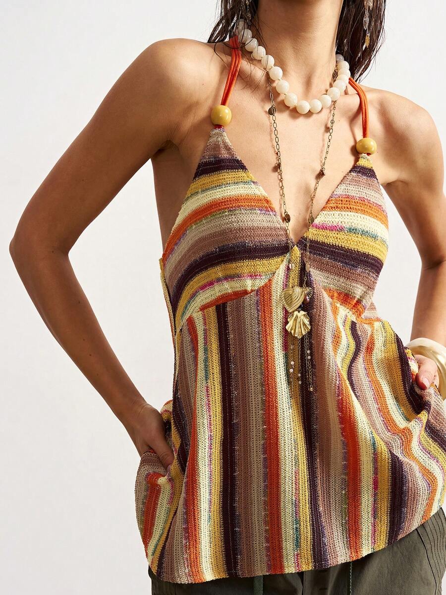 Bohemela Boho Summer Vacation  Valentine's Day    Carnival    Casual Knit Striped Camisole For Women - Orange - View 1