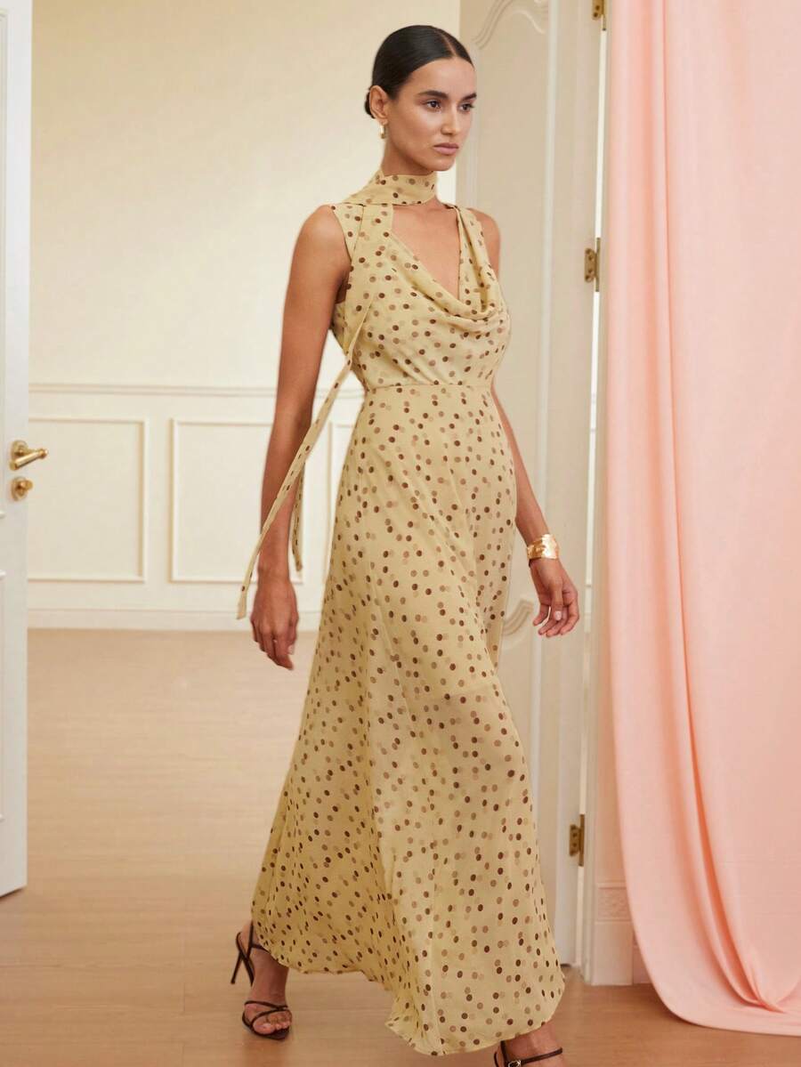 Revavyn 时尚休闲随机水印波点荷叶边领收腰长款无袖连衣裙，欧美风，秋冬款 - 彩色 - 查看 1