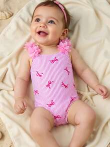 SHEIN Newborn Baby Girl Swimsuit With Bow And Striped Print, One-Piece