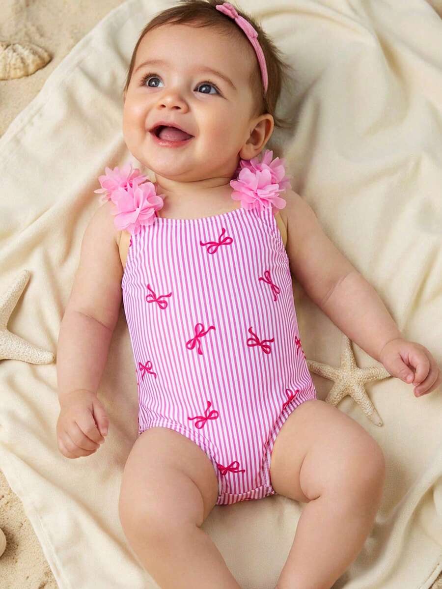 SHEIN Newborn Baby Girl Swimsuit With Bow And Striped Print, One-Piece