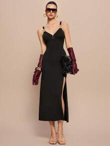 Leighera 女士夏季优雅连衣裙，侧拉链，金属扣，开衩下摆，修身长款女装 - 黑色 - 查看 2