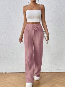 SHEIN Frenchy Quần ống rộng bằng vải dệt kim gân sọc, buộc dây phía trước, chất liệu vải sần. - Bụi hồng - Xem 3