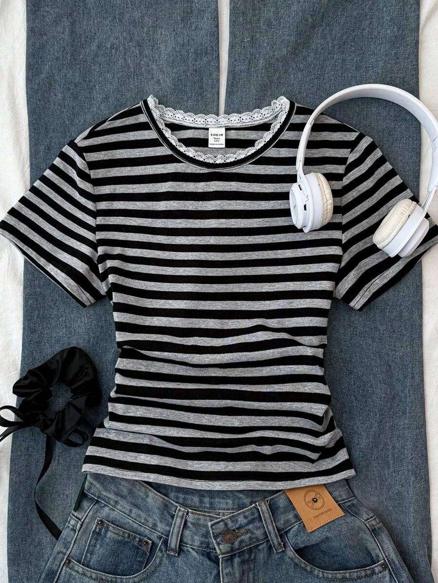 Teen Girls' Black & Gray Striped Crew Neck Contrast Lace Short Sleeve Cropped Waist Ruched Casual Street Tee