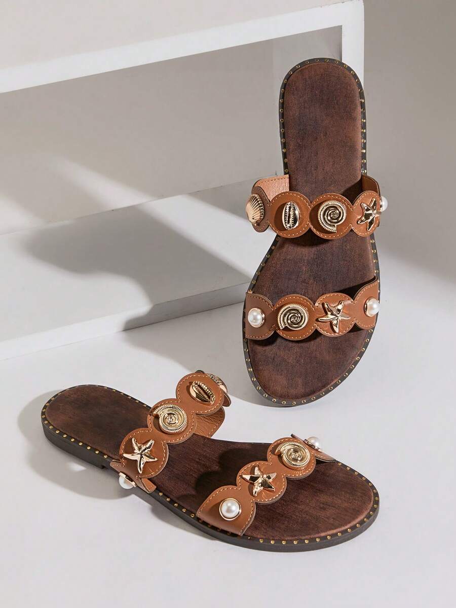 SHUZIA Women's Minimalist Comfortable, Durable, Double Band Slip-On Flat Sandals With Metal Ornaments - Maroon - View 1