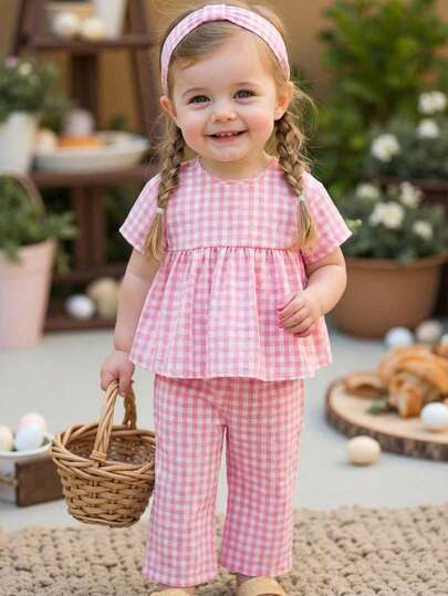 SHEIN 女婴可爱休闲度假粉白格子短袖上衣和松紧腰裤套装