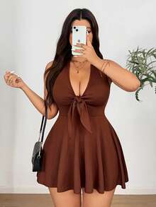 Sunnyshic 大码纯色弹力针织系带修身无袖连衣裙 - 棕色 - 查看 1