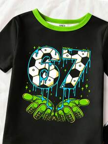 2件套幼儿男童酷炫数码67足球图案夜光印花圆领弹力针织短袖上衣和裤子休闲家居服套装（紫外线下发光）