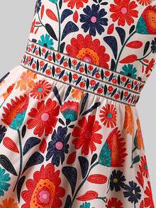 SHEIN 年轻女孩热带花卉印花无袖露背不规则下摆连衣裙，休闲海滩度假时尚 - 橘色 - 查看 6