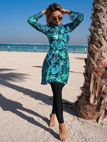 Swim Mulvari Women's New Long Sleeve Tropical Leaf Print Twist Side Dress And Solid Color Pants Swimsuit Burkini Set, Suitable For Vacation - Blue - View 4