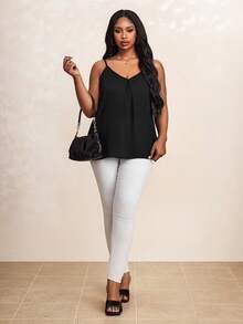 Blusa de tirantes plisada casual de unicolor para mujer de talla grande para verano - Negro - Ver 7