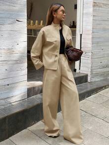 Livesso Women's High Collar Cinched Waist Loose Top And Casual Pants 2 Pieces Set, Autumn/Winter - Khaki - View 5