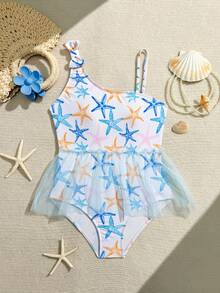 1pc Tween Girls Starfish Print One-Piece Swimsuit - Multicolor - View 3