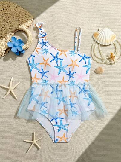 1pc Tween Girls Starfish Print One-Piece Swimsuit