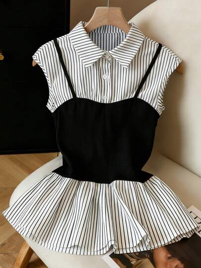 GlowEve Women's Black & White Ribbed Patchwork Sleeveless Shirt With Mandarin Collar, Waist Cinched Design, Elegant Professional Wear For Meetings, Teachers, Students, Holidays, Parties, Travel, Spring/Summer