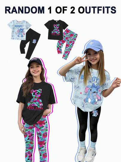 2pcs/Set Girls Casual Chic Creative Personalized Fresh Minimalist Cartoon Rabbit Bow Heart Teddy Bear Face Tie-Dye Letter Graphic Print T-Shirt And Pants Suit, Comfortable Daily Wear, Suitable For Spring, Summer, Autumn