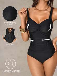 Shapewave 2pcs Women's Black Ruched Side Bikini Set, Fashionable Beach Vacation Swimwear - Black - View 8