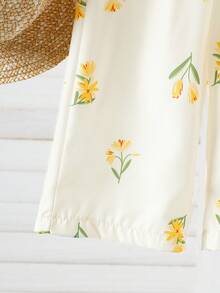 SHEIN Bộ đồ mùa hè cho bé gái, phong cách thường ngày, họa tiết hoa và bướm, gồm áo peplum không tay và quần ống rộng. - Màu be - Xem 7