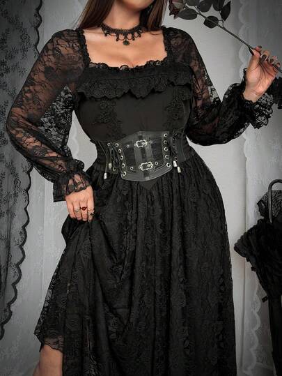 SHEIN Whyspr Plus Size Dark Gothic Style Square Collar Waist Cinched A-Line Lace Dress