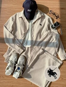 SHEIN EZwear Bộ 2 áo sơ mi và quần nhung kẻ, Thu/Đông - Màu be - Xem 7