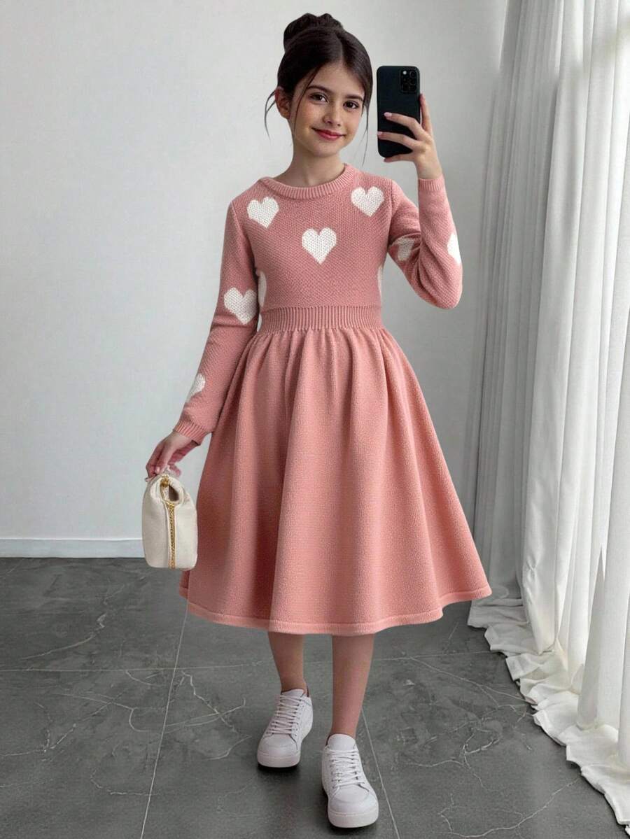 SHEIN 秋冬季少女休闲简约舒适圆领长袖蝴蝶结装饰针织毛衣连衣裙 - 粉色 - 查看 1