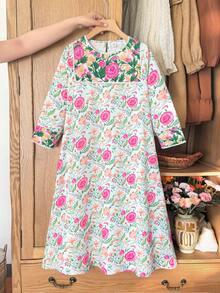 SHEIN 少女优雅碎花直筒梭织连衣裙 - 綠色 - 查看 3