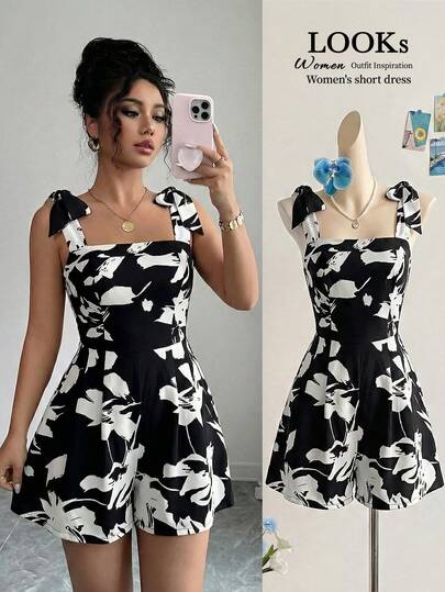 Elenzga Mono de pierna ancha con cintura elástica y fruncida, de diseño de alta gama con estampado en blanco y negro, elegante y sofisticado, adecuado para el Día de San Valentín, Pascua, Carnaval, Día del Trabajo, regalos de cumpleaños, citas, fiestas, ocasiones formales, atuendos de maestro, looks de alta vibra, viajes y vacaciones, mono de primavera/verano