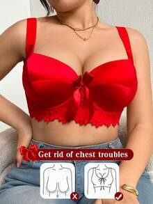 DesireSculpt 1pc Plus Size Red Lace Patchwork Underwire Bra With Wide Straps, Comfortable Lift And Support, Suitable For Valentine's Day - Red - View 4