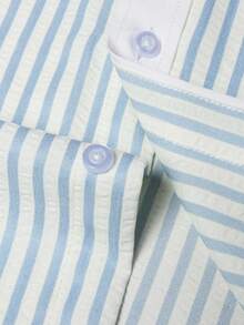 Manfinity Bizformal Camisa masculina casual listrada de manga comprida para o dia a dia - Azul e branco - Ver 7