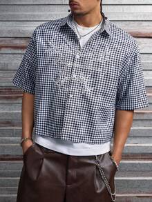 AXEPEAK 男士格子图案印花纽扣前开襟休闲短袖衬衫 - 藍色 - 查看 5