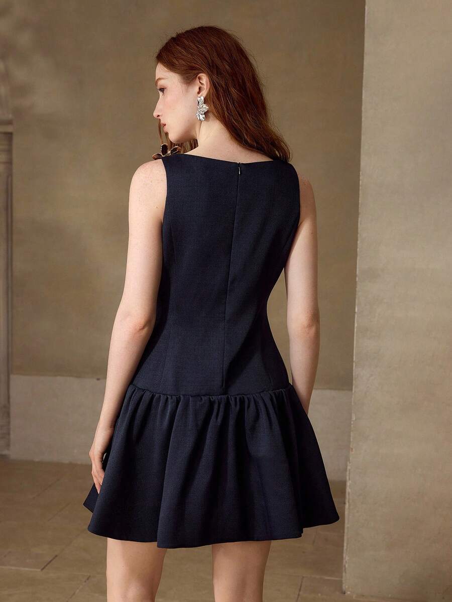 MOTF PREMIUM METAL FLORAL SHOULDER SLEEVELESS RUFFLE HEM DRESS - Navy Blue - View 2