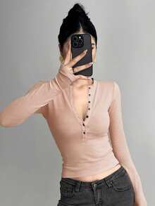 DAZY 女士纯色半拉链长袖修身T恤 Y2k - 杏色 - 查看 5