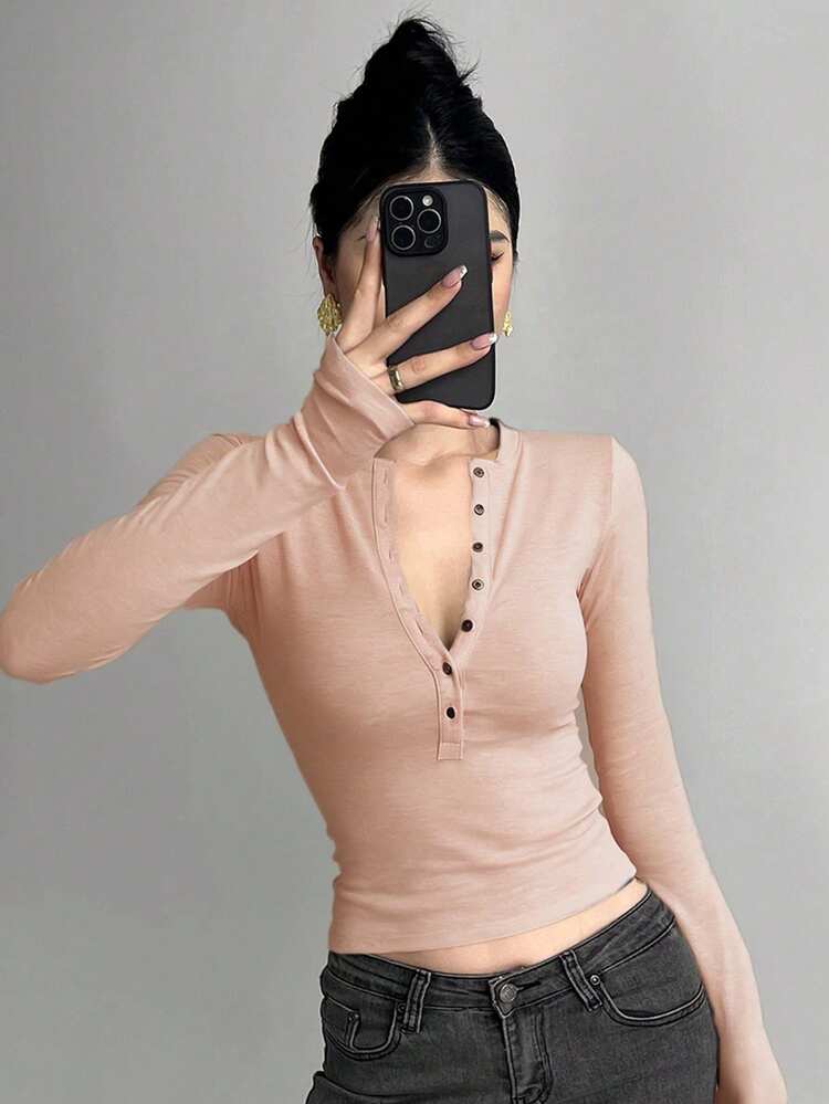 Women's Solid Color Half-Zip Long Sleeve Bodycon T-Shirt Y2k