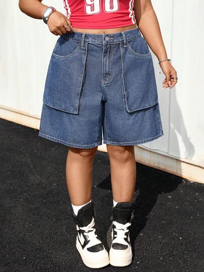 Jeanoix Plus Size Y2K Women Denim Shorts, Streetwear Loose Fit Washed Denim Blue Cargo Shorts With 3D Pockets