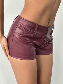 SHEIN PETITE Quần short nữ màu trơn, khóa kéo phía trước, kiểu dáng thường ngày, quần short siêu ngắn, quần short da. - Màu Đỏ Sâu - Xem 4