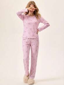 Loomlin Zestaw piżam damskich, bawełnianych, 2 szt., w paski i wzór bot, uroczy